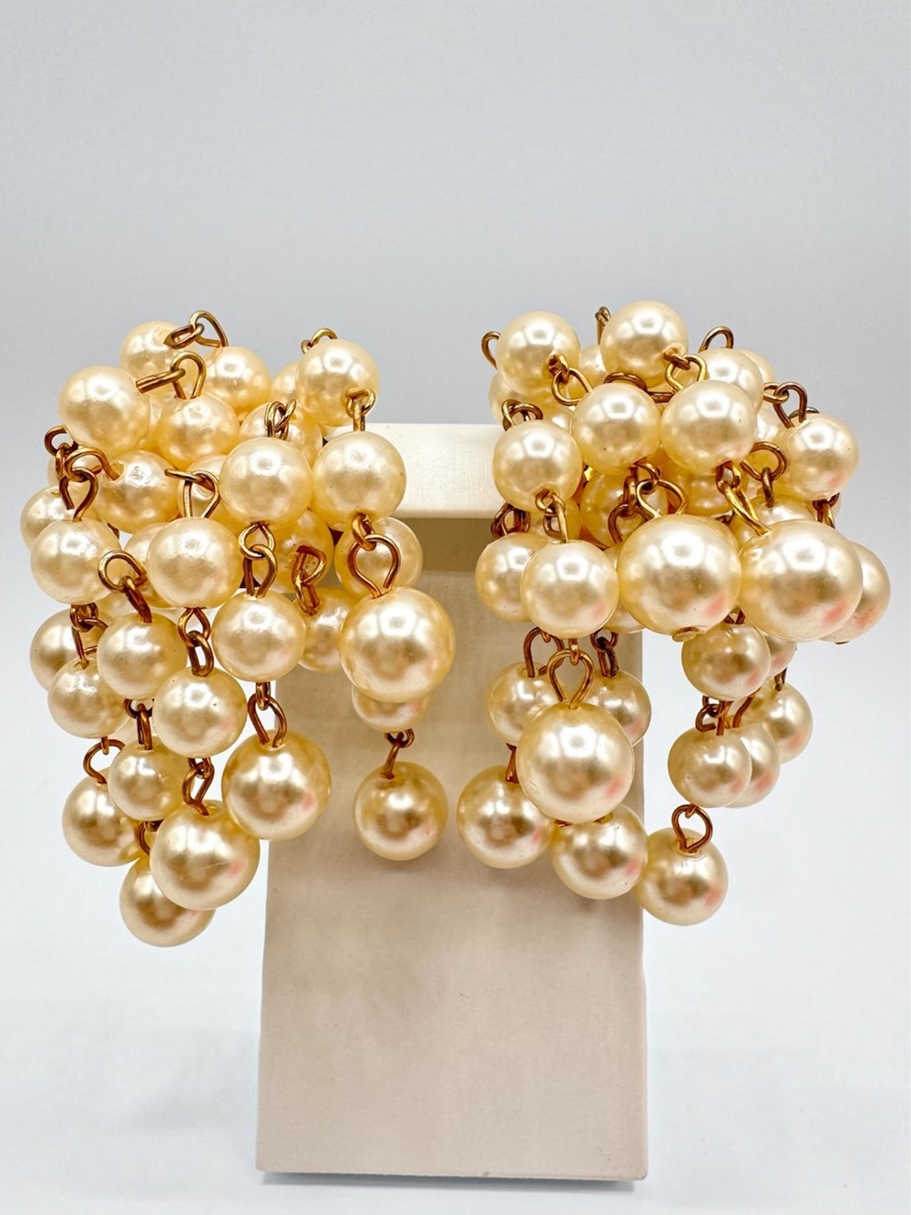 Vintage Faux Pearl Waterfall Clip On Earrings Retro Glam Bridal Wedding Elegant
